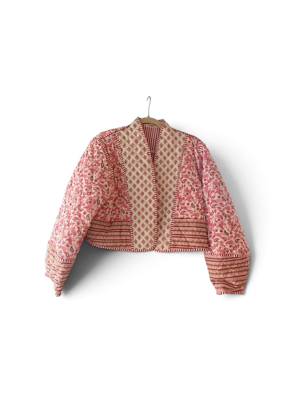 Pink Mixed Print Quilted Cropped Open-Front Jacket